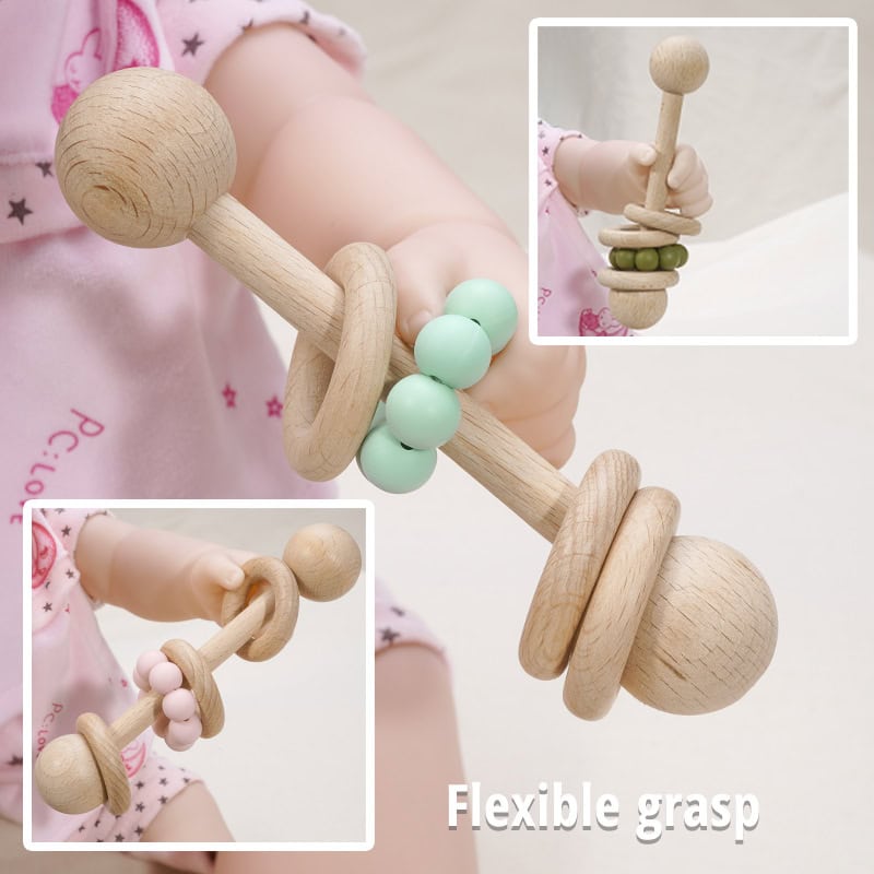 Natural wooden baby teething toy with colorful silicone beads, ergonomic design, and flexible grasp; perfect for soothing infants' gums and promoting sensory development.