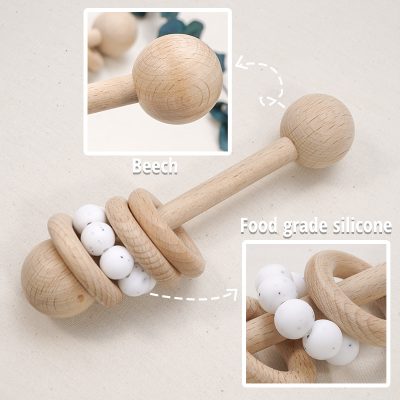 Natural Beech Wood Rattle with Food Grade Silicone Beads, Soft Baby Teether Toy for Infants and Toddlers.