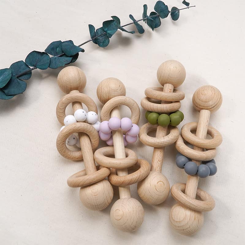 Naturalwood baby teething toys with silicone beads, eco-friendly, sensory stimulation for infants, perfect for teething relief and developmental play.