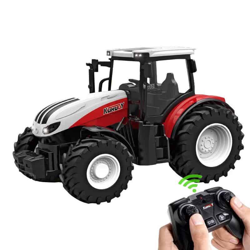 Remote-controlled toy tractor suitable for children and toddlers, realistic design with adjustable features, ideal for outdoor play and learning about farming equipment.