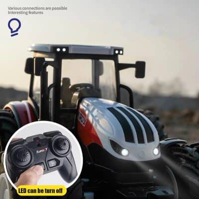 Remote control tractor toy with LED lights for kids, realistic farm vehicle for children, durable plastic construction, perfect for outdoor play, educational toy for imaginative farming role-play.