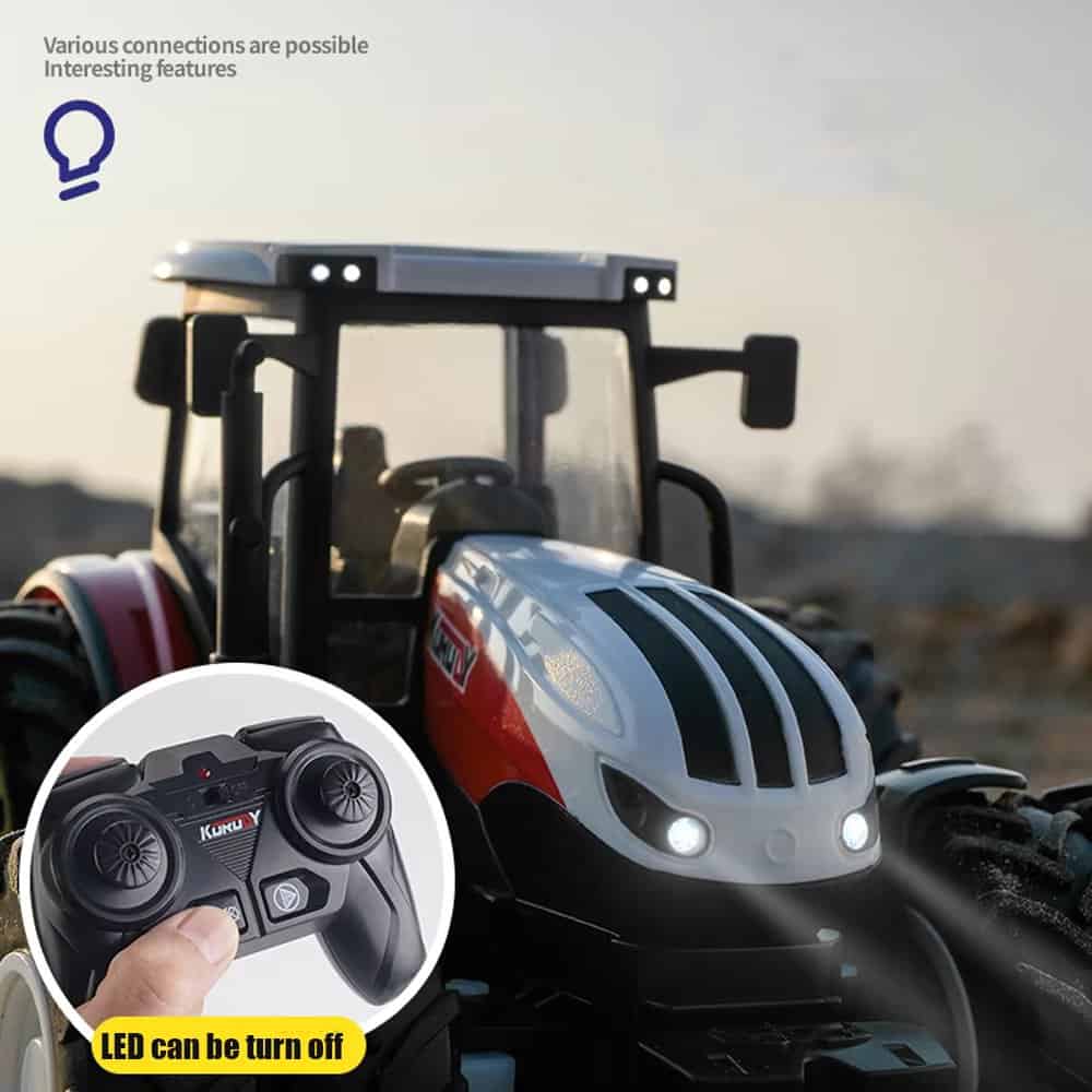 Remote control tractor toy with LED lights for kids, realistic farm vehicle for children, durable plastic construction, perfect for outdoor play, educational toy for imaginative farming role-play.