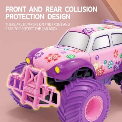 Bright pink and purple children's toy car with flower patterns, front and rear bumpers, and large off-road tires, ideal for outdoor play and kids' entertainment.