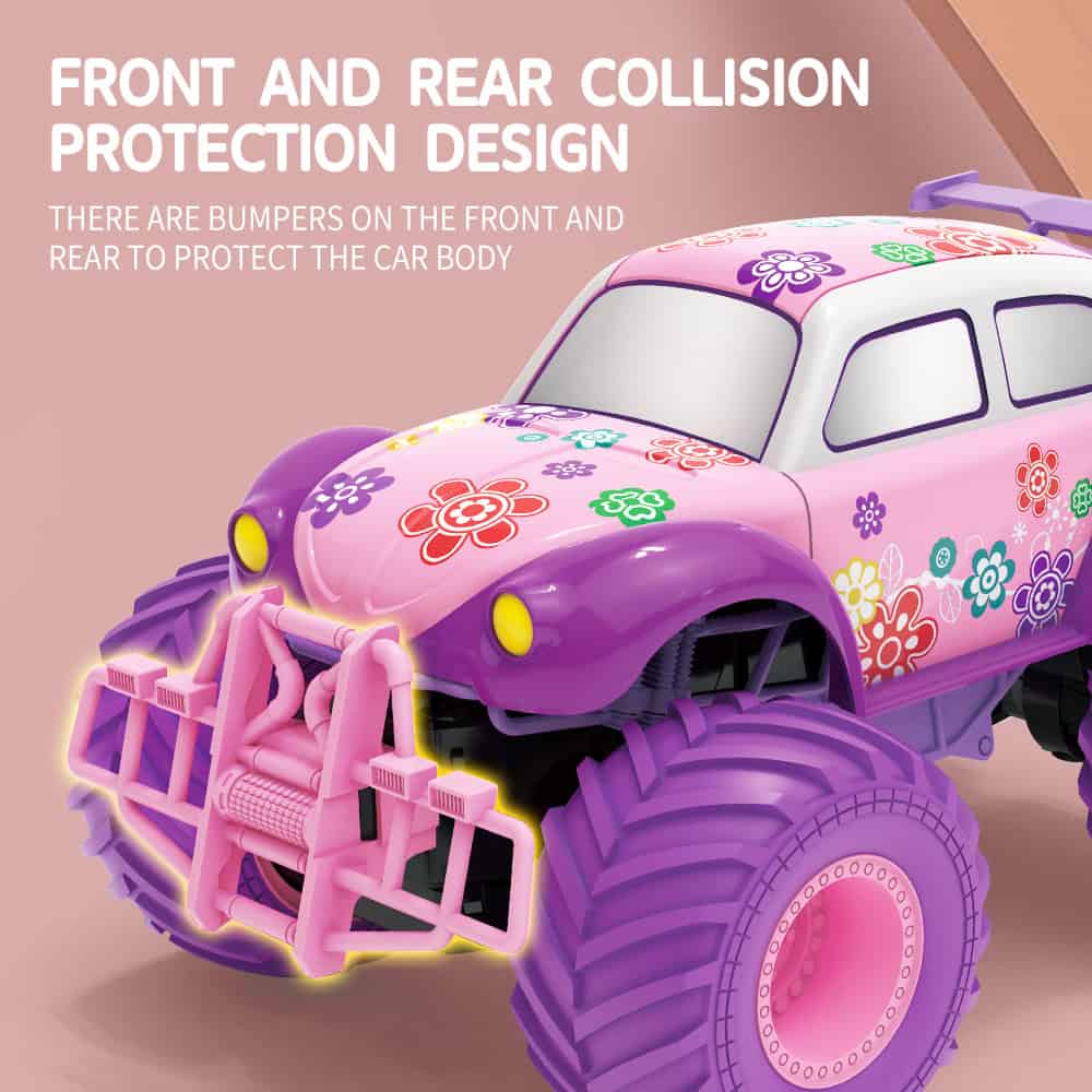 Bright pink and purple children's toy car with flower patterns, front and rear bumpers, and large off-road tires, ideal for outdoor play and kids' entertainment.