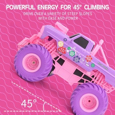 Yellow, pink, purple, green cartoon flower decals on purple toy monster truck, on bright pink background.