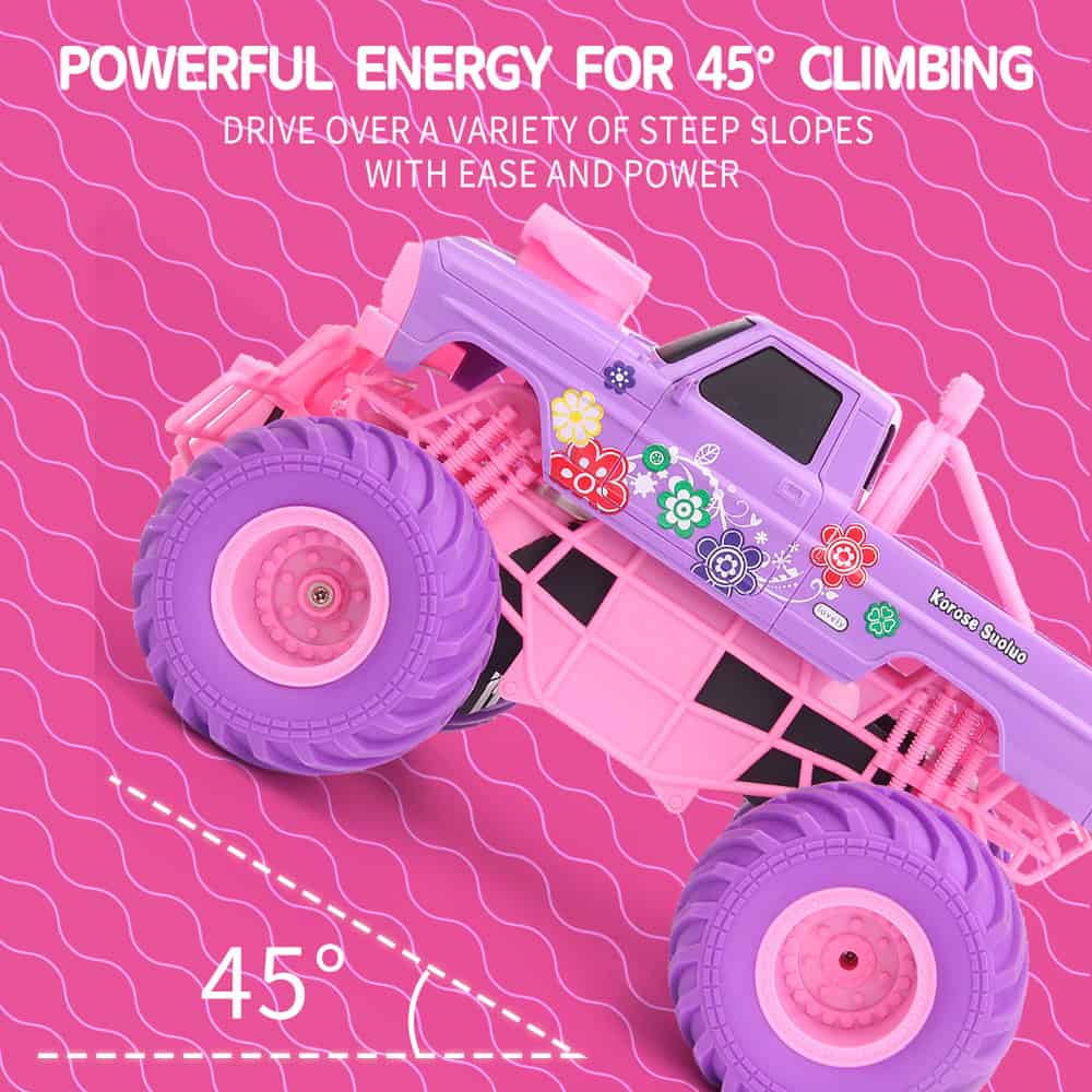 Yellow, pink, purple, green cartoon flower decals on purple toy monster truck, on bright pink background.