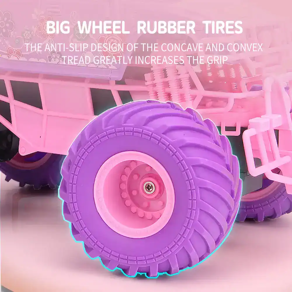Rubber tires with large wheels, anti-slip design, conical tread for better grip, pink and purple colors, suitable for children's ride-on toys and outdoor play equipment.