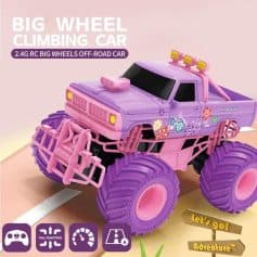 Bright pink and purple off-road climbing toy truck for children, featuring large wheels and fun, colorful floral graphics, perfect for outdoor adventures and active play.