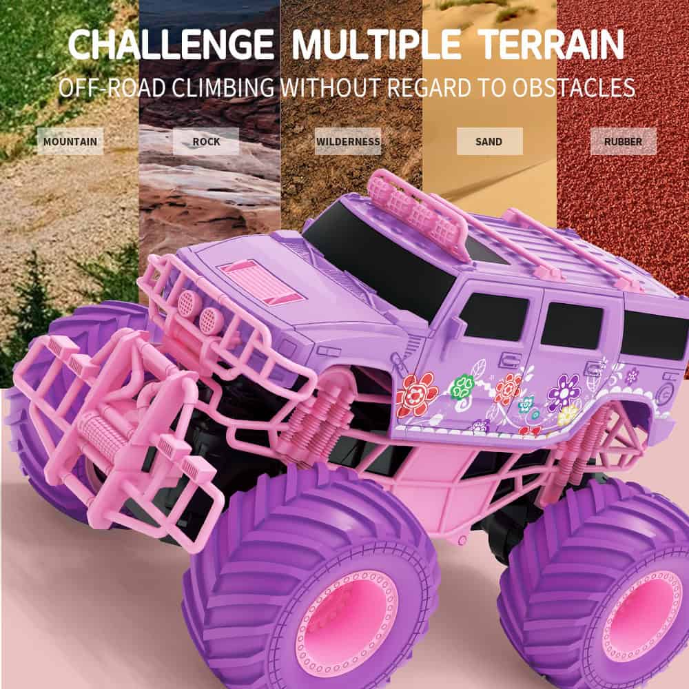 Off-road monster truck toy in pink and purple, designed for children, suitable for indoor and outdoor play, featuring rugged tires and detailed body for adventurous fun.