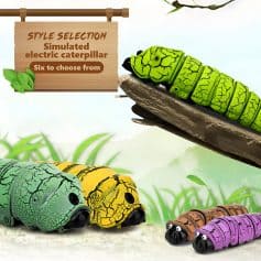 Colorful simulated electric caterpillars in green, yellow, brown, and purple, designed as playful desktop toys or educational tools, displayed outdoors with a wooden sign.