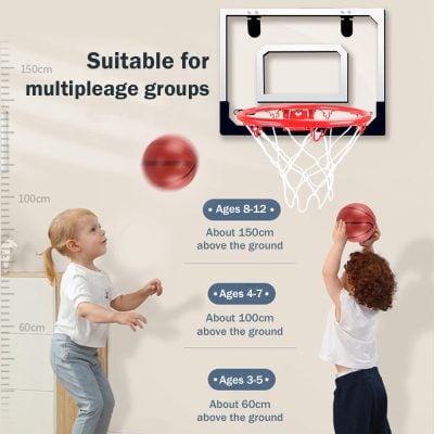 Bright children's basketball hoop suitable for multipleage groups, designed for ages 3-12, with height adjustments from 60cm to 150cm for safe gameplay.