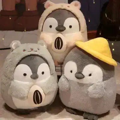 Soft plush penguin and bear stuffed toys with cute facial expressions, perfect for kids' room decor or plush toy collection, suitable for gifts and cozy home accents.