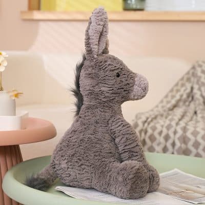 Soft plush donkey stuffed animal, nursery plush toy for kids, cuddly animal plushie, cute soft toy for children, gray plush donkey for bedroom decor.