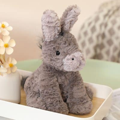 Soft plush gray bunny toy, cute stuffed animal for kids, perfect for children’s gifts and nursery decor.