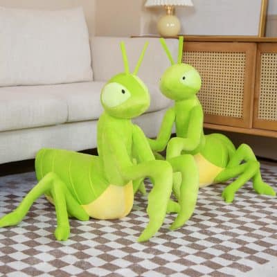 Bright green grasshopper plush toys sitting on a rug in a modern living room, enhancing home decor with fun, playful accents; perfect for children and insect enthusiasts.