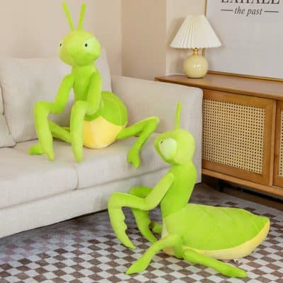 Colorful insect-shaped plush toys designed for children and kids' room decor, featuring vibrant green and yellow hues resembling grasshoppers and ladybugs for playful, decorative use.