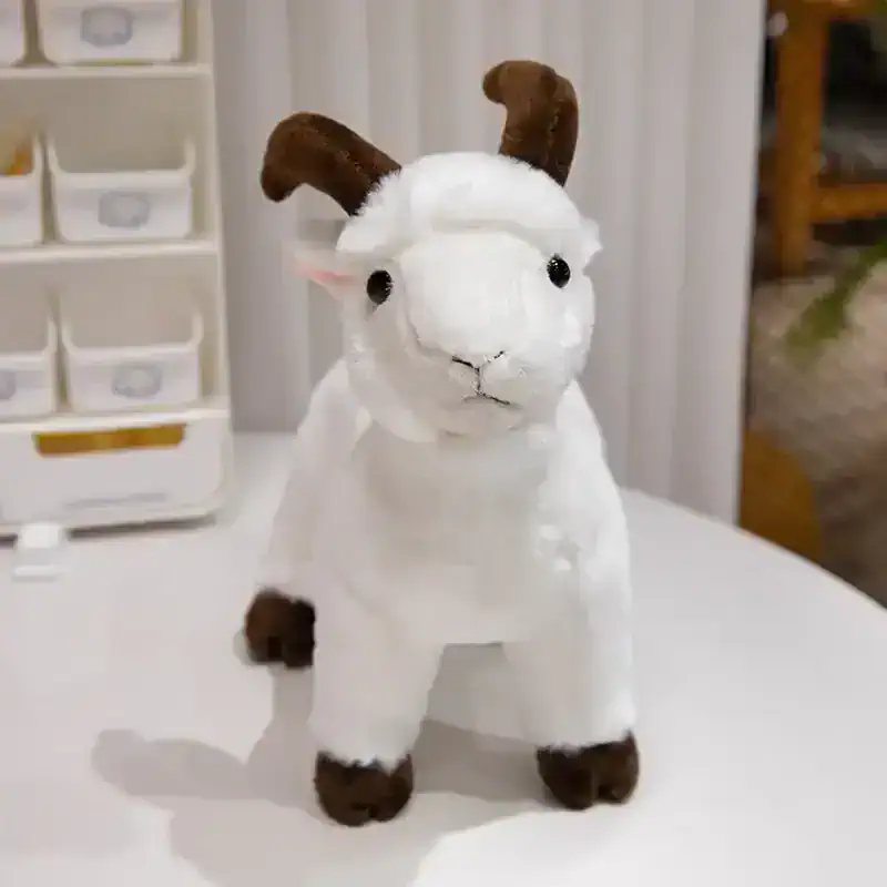 Fluffy white and brown goat stuffed animal plush toy, perfect for children's gifts and decor, soft and cuddly, ideal for bedrooms or nurseries.