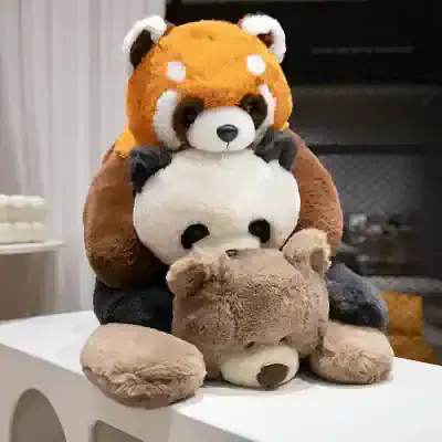 Fluffy plush panda bear toys display at Monalisa Medical store, soft stuffed animal collection for children and collectors, perfect gift for kids and teddy bear enthusiasts, cozy comfort plushies.