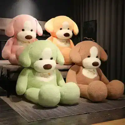 Pink, yellow, green, and brown plush teddy bears with "Love You" embroidery, perfect for gifting or home decor, available at Monalisa Store.