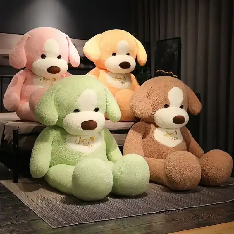 Pink, yellow, green, and brown plush teddy bears with "Love You" embroidery, perfect for gifting or home decor, available at Monalisa Store.