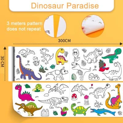 Dinosaur-themed wall decal for kids' rooms, featuring colorful and playful dino illustrations on removable wallpaper, with 3 meters pattern length, 30 cm height, perfect for children’s bedroom decor.