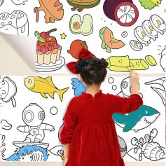 Colorful children's doodle wall art with food, animals, and playful characters for kids' room decor, vibrant and engaging design suitable for young children and educational spaces.