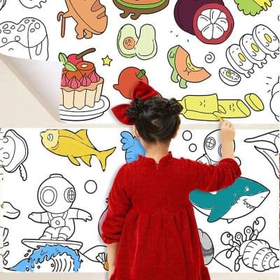 Colorful children's doodle wall art with food, animals, and playful characters for kids' room decor, vibrant and engaging design suitable for young children and educational spaces.