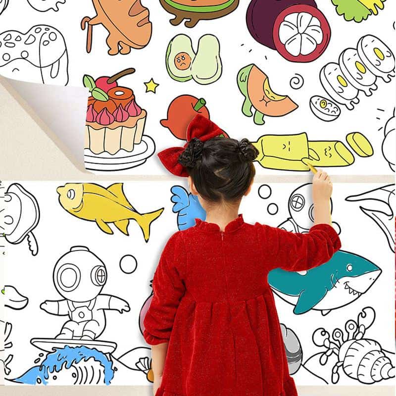 Colorful children's doodle wall art with food, animals, and playful characters for kids' room decor, vibrant and engaging design suitable for young children and educational spaces.