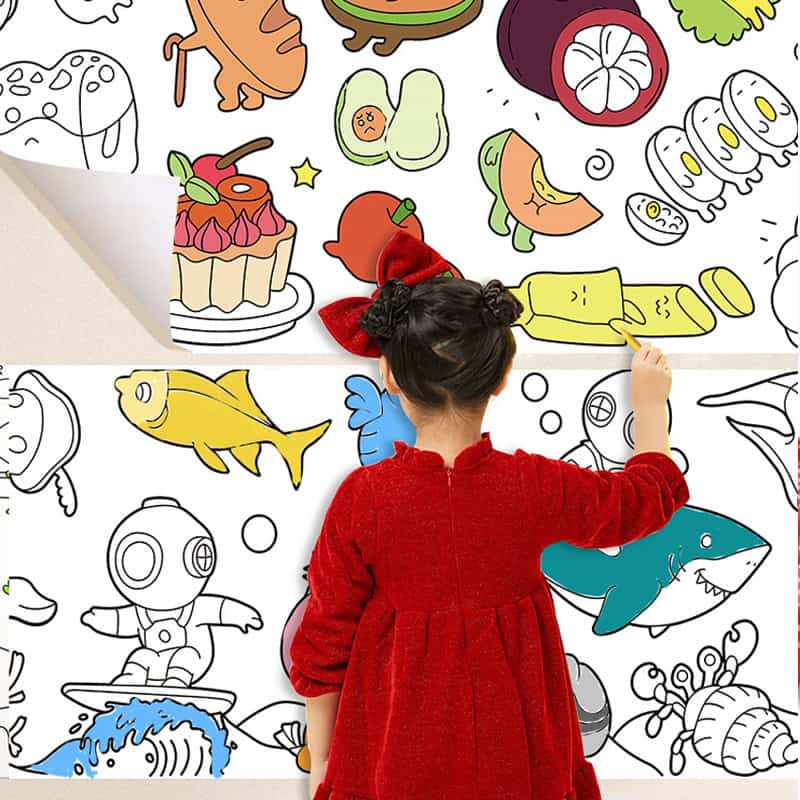 Vibrant children's wall mural featuring colorful cartoon animals, sea creatures, and desserts, perfect for enhancing a kid's playroom or classroom environment. Monalisa Store.