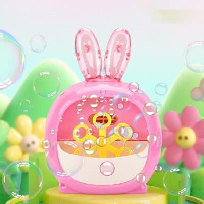 Pink bunny-shaped bubble blower toy for kids, colorful outdoor play equipment, fun water sprinkler and bubble machine, Easter gift, spring party decoration for children, Monalisa Store.