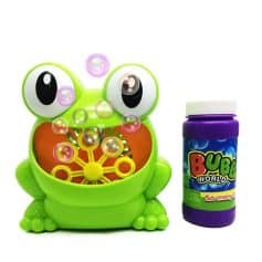 Colorful frog-shaped bubble blower with spinning bubble wand and bubble solution bottle, ideal for children's outdoor fun and entertainment.