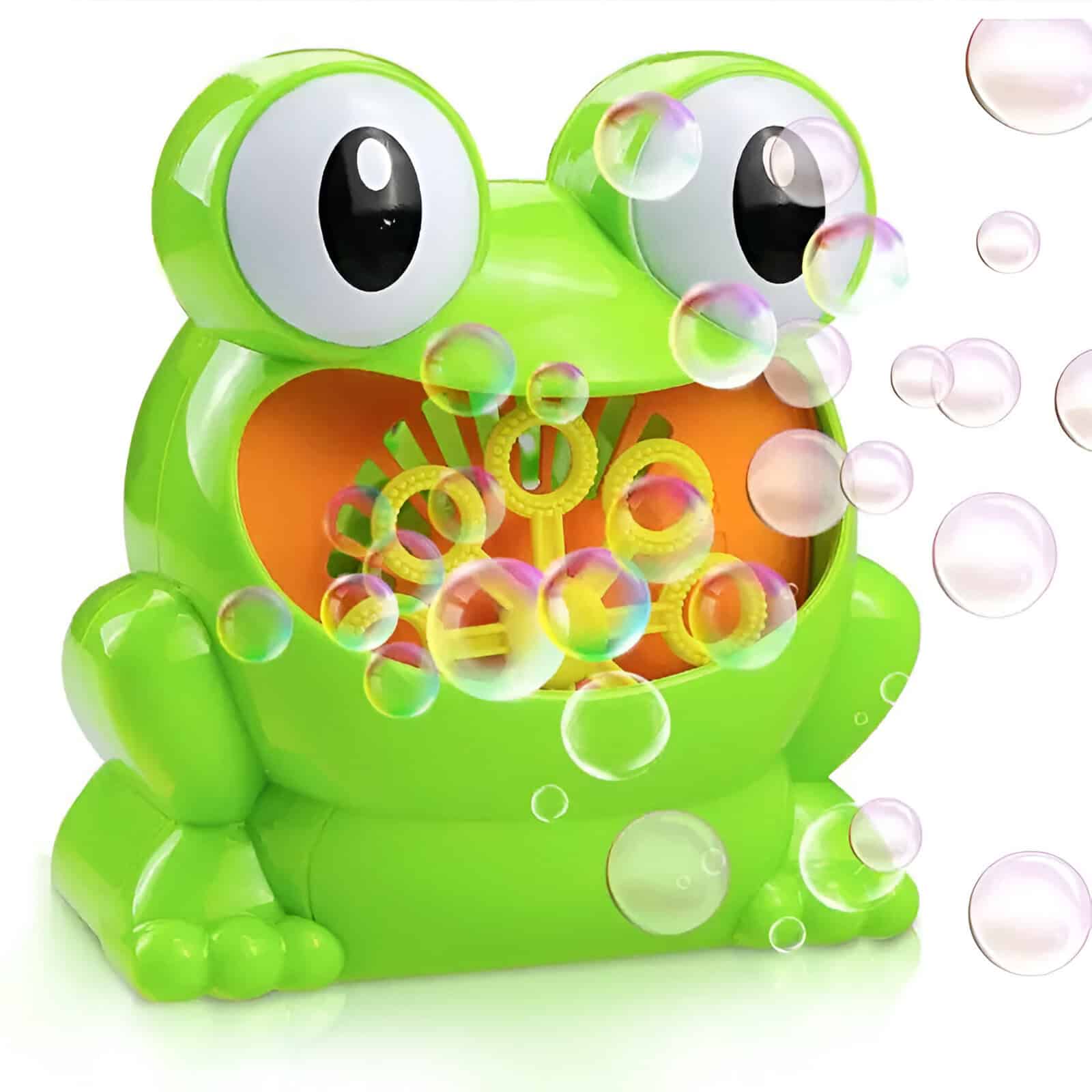 Vibrant green frog-shaped bubble blower toy with colorful bubbles, perfect for kids’ outdoor and indoor play, enhancing fun and sensory development. Ideal gift for children, promoting imaginative play.