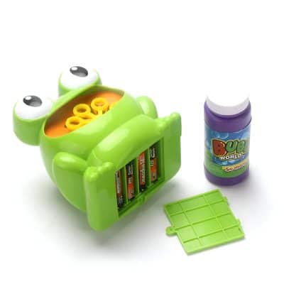 Colorful frog-shaped battery storage toy with replaceable batteries and bubble gum slime container, fun kids' desk organizer, ideal for children’s playrooms and educational activities.