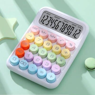 Calculator with colorful keys, digital display showing numbers, bright pastel colors, office or home desk accessory, innovative calculator design for everyday use.
