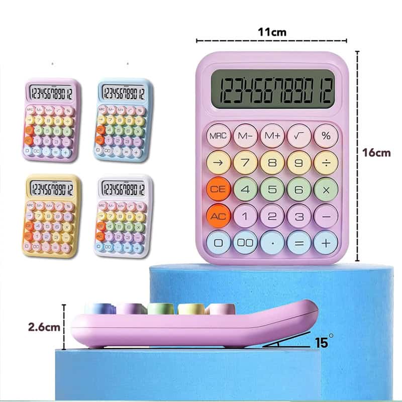 Pink calculator with colorful buttons, large display, and compact design for office or school use.
