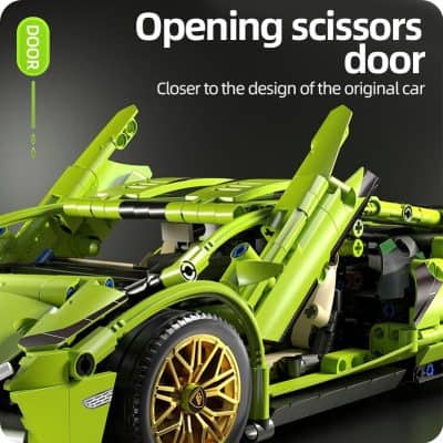 Lego-style green sports car with open scissor doors, detailed interior, and high-quality wheels, showcasing a modern and sleek design. Perfect for car enthusiasts and collectors interested in luxury vehicle models.