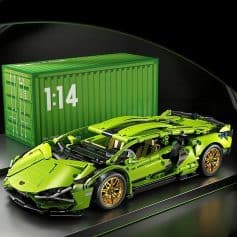 Lego Technic Lamborghini hypercar model in bright green with gold wheels, detailed design, and a matching green storage box in the background. Perfect for car enthusiasts and Lego collectors.