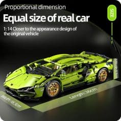 Lego Lamborghini model with proportional dimensions and realistic design, showcases high-quality construction, perfect for car enthusiasts and collectors.