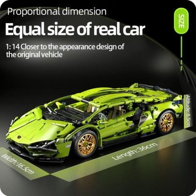Lego Lamborghini model with proportional dimensions and realistic design, showcases high-quality construction, perfect for car enthusiasts and collectors.
