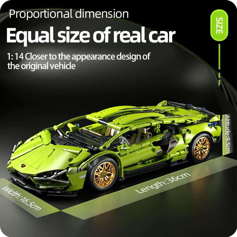 Lego Lamborghini model with proportional dimensions and realistic design, showcases high-quality construction, perfect for car enthusiasts and collectors.