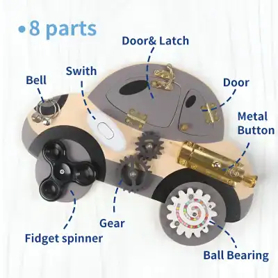 A detailed toy car with labeled parts including door latch, door, metal button, ball bearing, gear, fidget spinner, and more, showcasing fun mechanical components in a colorful design.