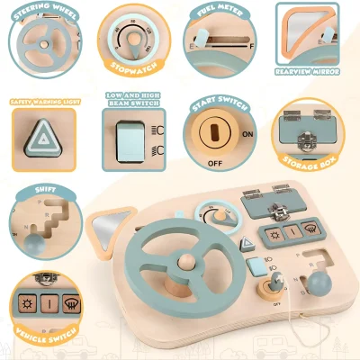 Steering wheel toy with realistic dashboard controls for children’s educational play.