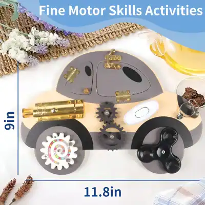 Handmade motor skills activity toy for children, featuring gears, wheels, and mechanical parts for fine motor skill development. Perfect for educational and sensory learning.