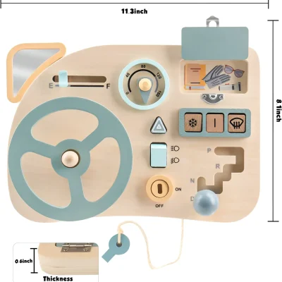 Playful wooden toy steering wheel with gear shift and buttons for kids, ideal for educational play and imaginative learning, colorful design perfect for children’s development.