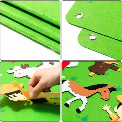 Eco-friendly green felt sheets with metal eyelets for DIY classroom or craft projects.