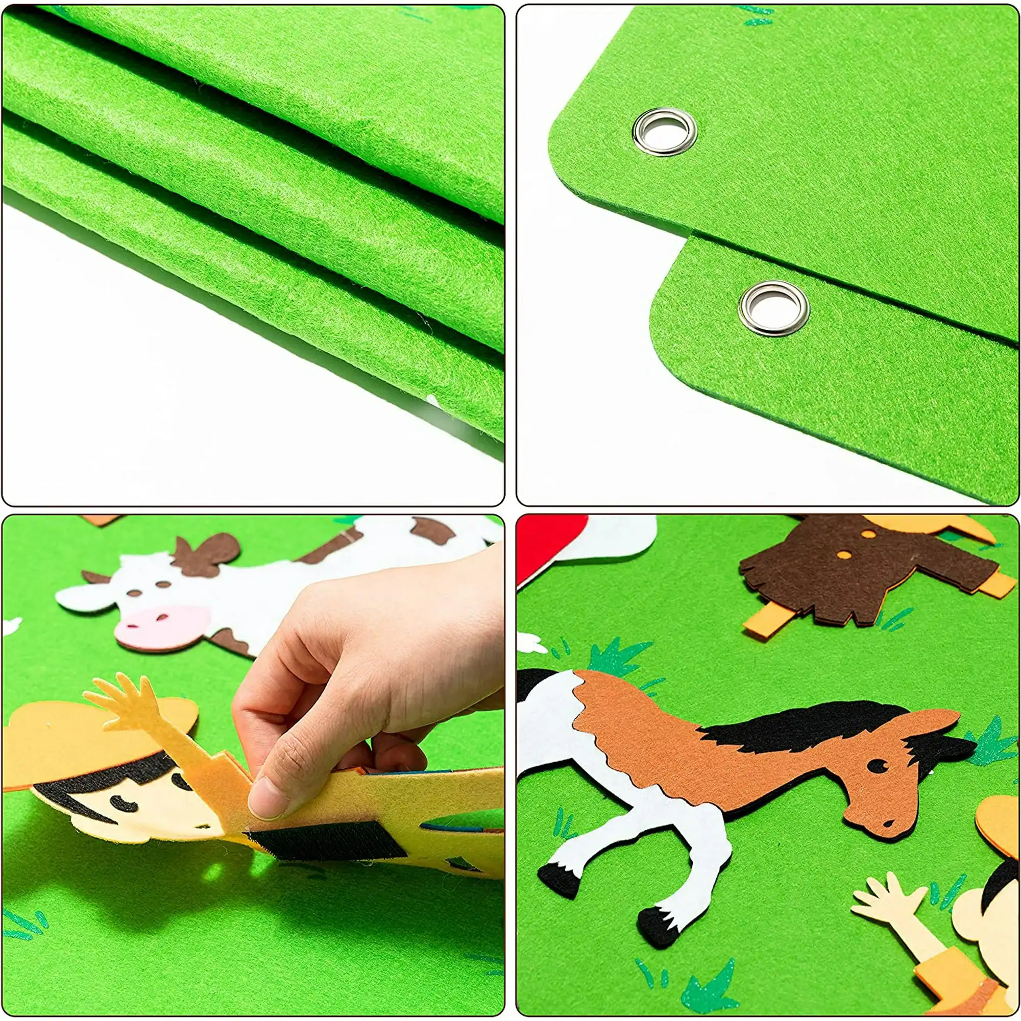 Eco-friendly green felt sheets with metal eyelets for DIY classroom or craft projects.