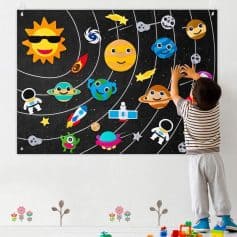 Sun-themed space classroom wall with cartoon planets, astronauts, rockets, and stars for children's educational play and learning about the solar system.