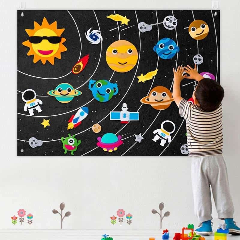 Sun-themed space classroom wall with cartoon planets, astronauts, rockets, and stars for children's educational play and learning about the solar system.
