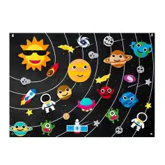 Colorful space-themed decorations featuring planets, astronauts, rockets, and stars, ideal for children's rooms, parties, or educational activities. Bright, playful design encourages curiosity about space.