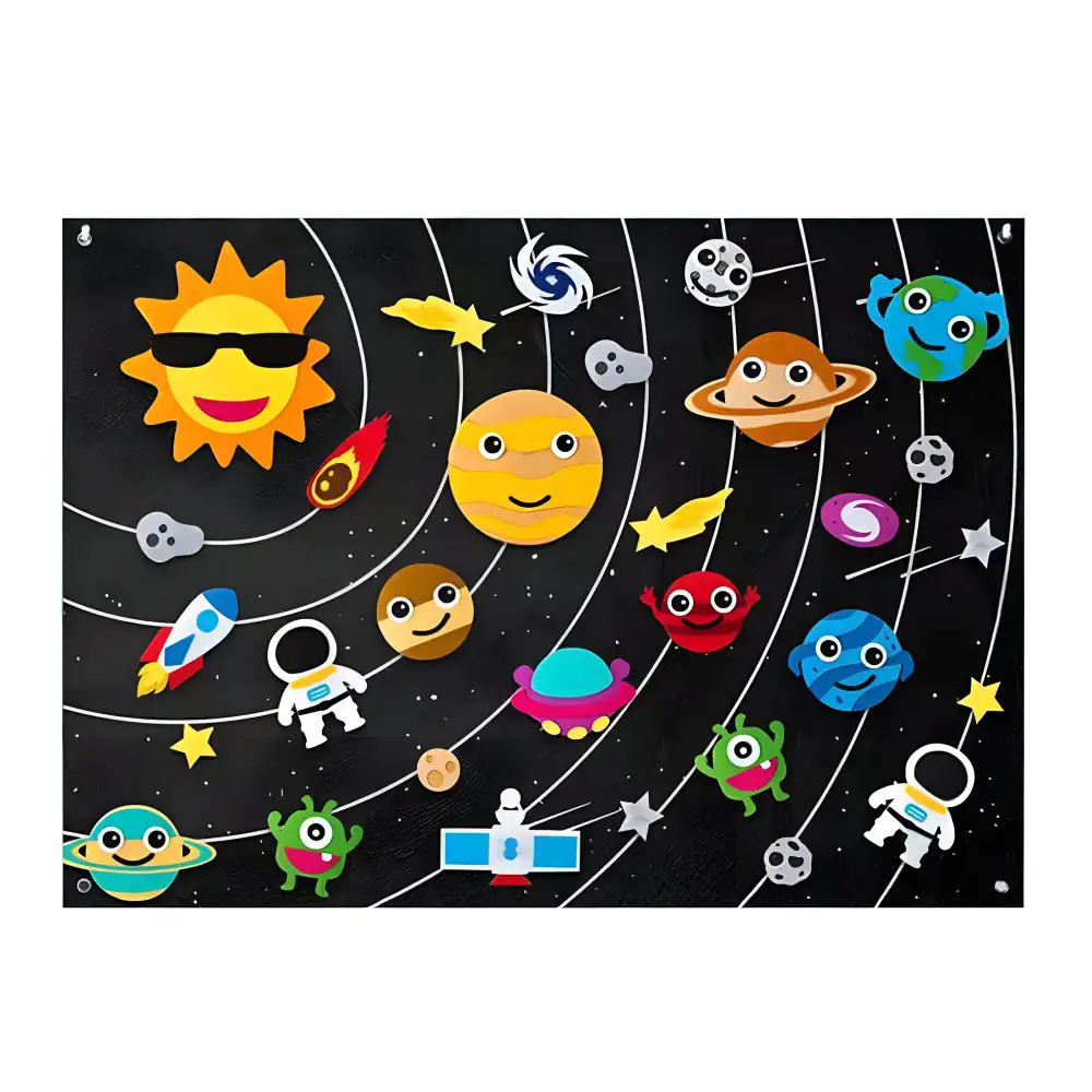 Colorful space-themed decorations featuring planets, astronauts, rockets, and stars, ideal for children's rooms, parties, or educational activities. Bright, playful design encourages curiosity about space.
